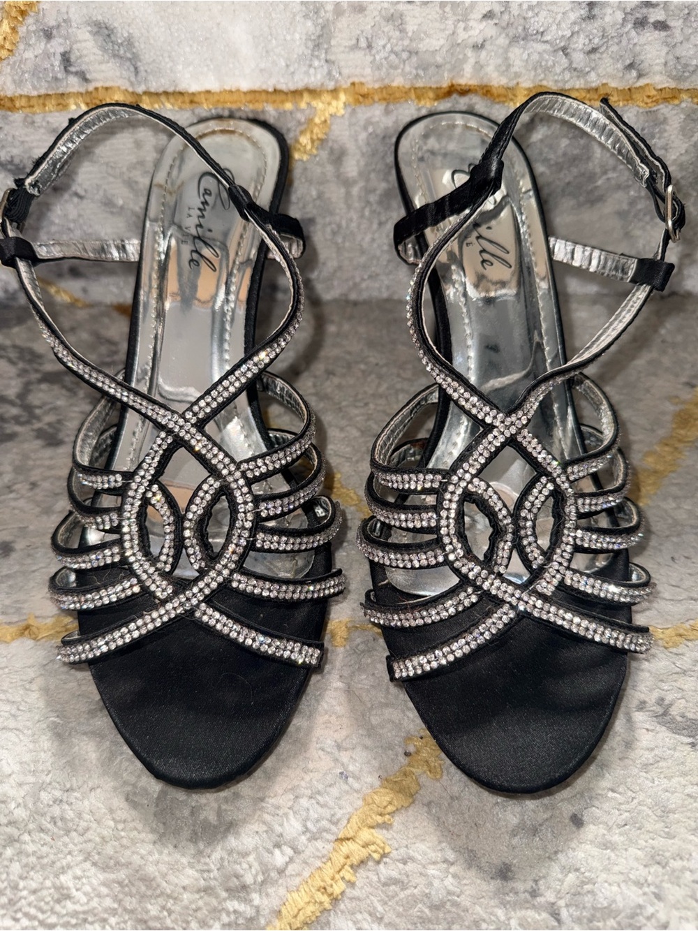 Elegant Black Rhinestone Strappy Dress Sandals